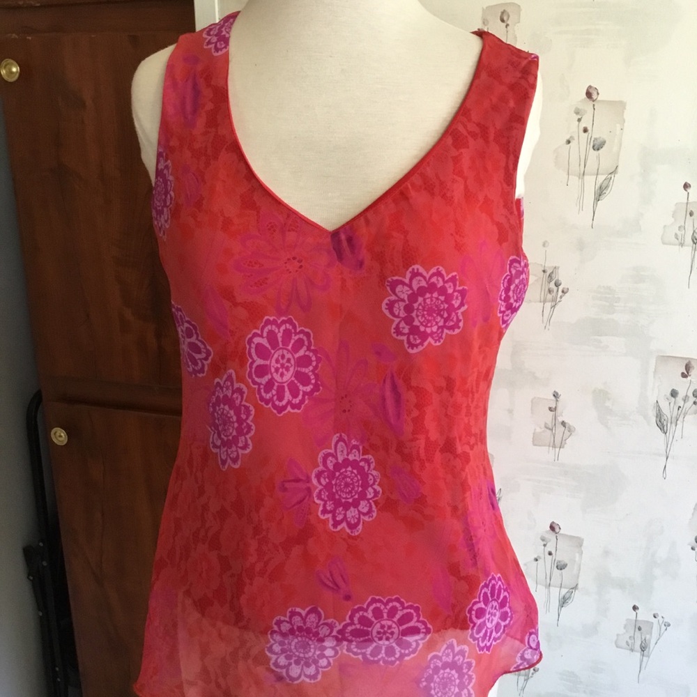 Vintage Believe Floral Lace Structure Tank Top Sz 8 Pink Red Mesh Y2K Aesthetic
